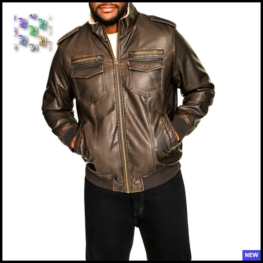 Vintage Faux Leather Aviator Bomber Jacket Sherpa Lined Retro Classic